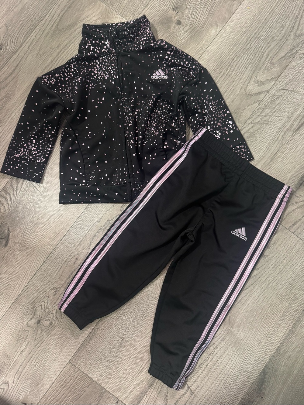 adidas Girls Black Jacket & Pants Set with Pink Speckle and Stripes